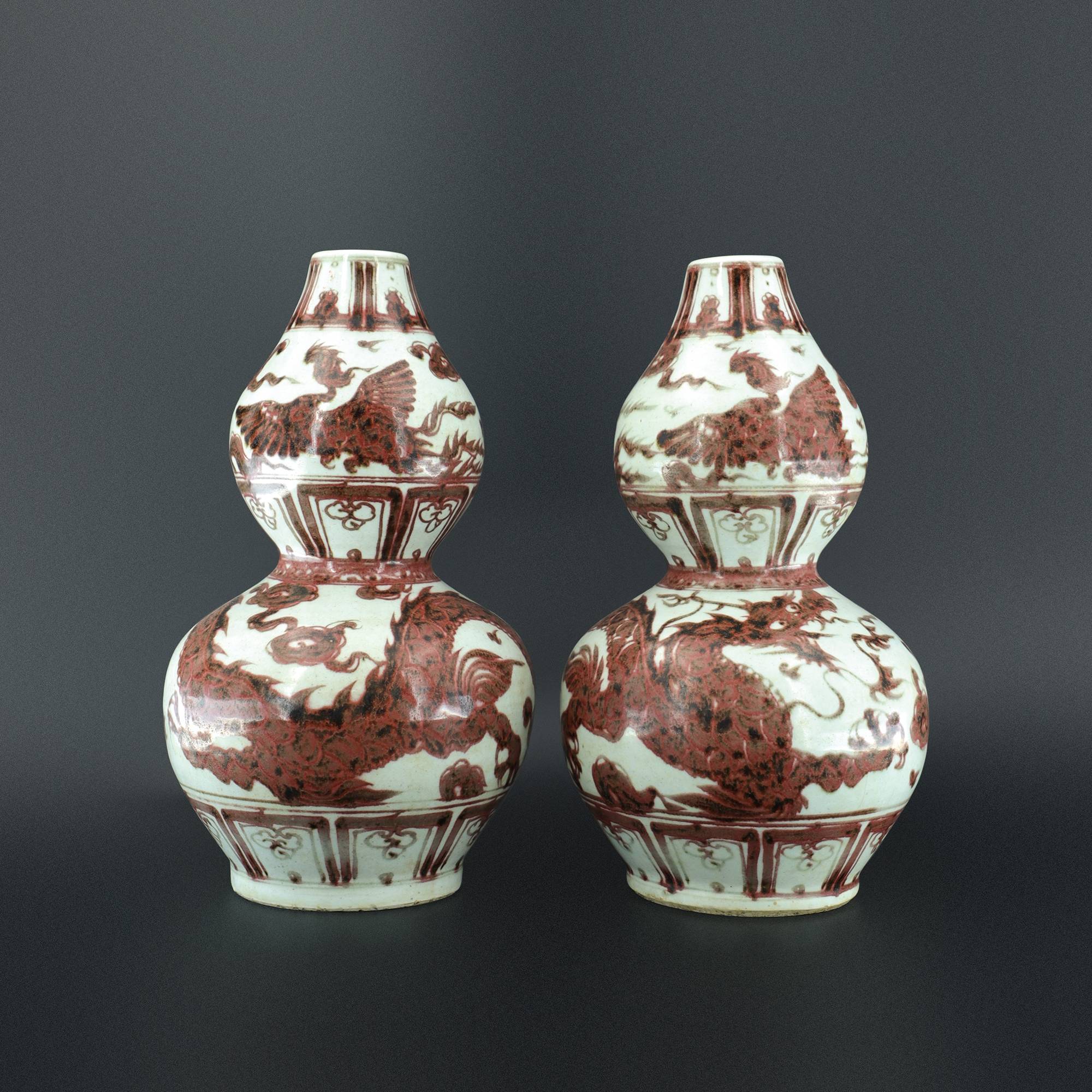 Two Underglaze Red ‘Dragon and Phoenix’ Decorated Double-Gourd Vases