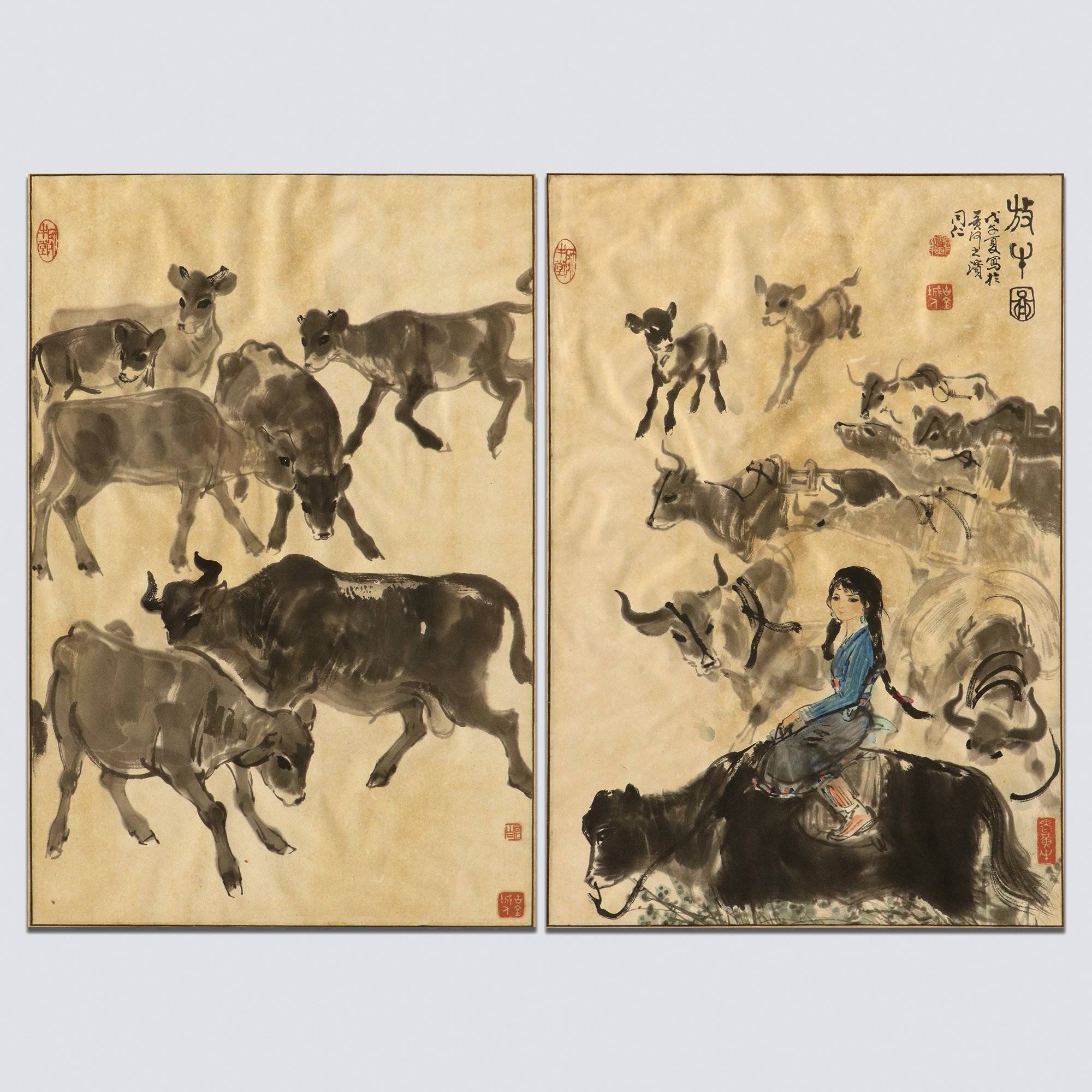 牧牛圖雙屏